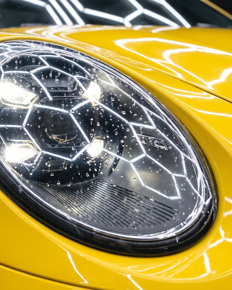Headlight with water droplets